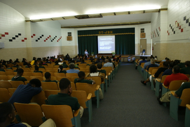 Jeudge Crichton talks to the students in the auditorium of Oak Terrace Alternative Middle School in Shreveport, La. May 15, 2009